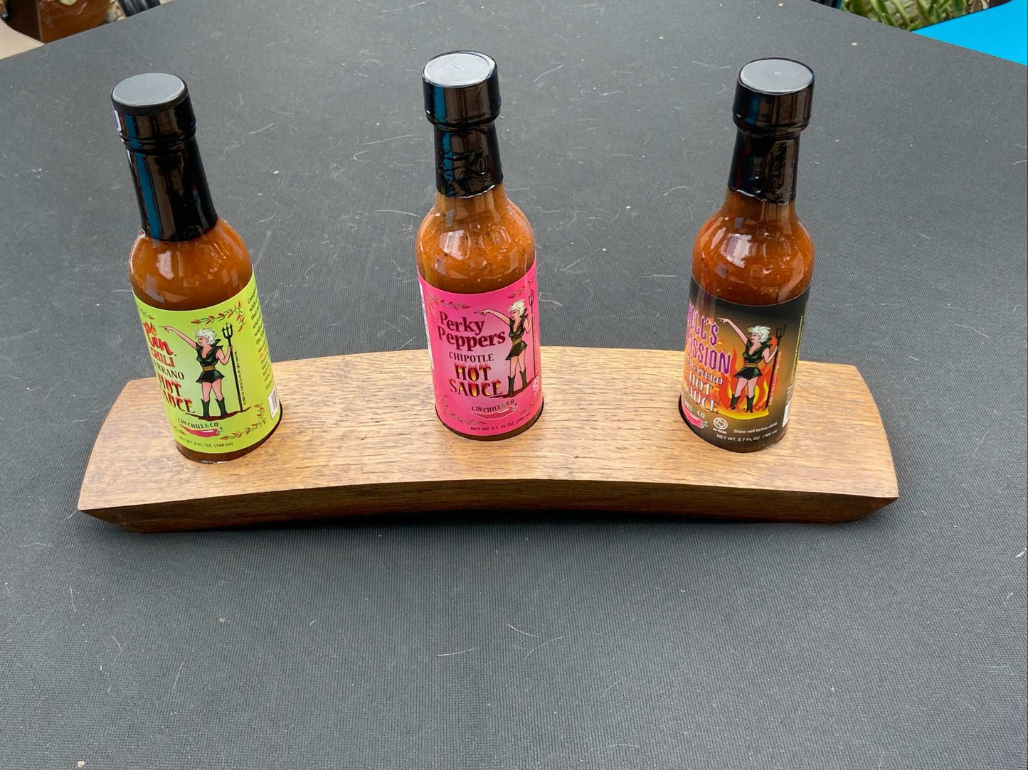 WINE BARREL HOT SAUCE DISPLAY -3 HOLE